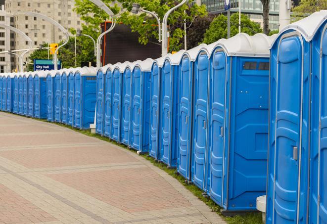 portable restrooms lined up at a marathon, ensuring runners can take a much-needed bathroom break in Alpine